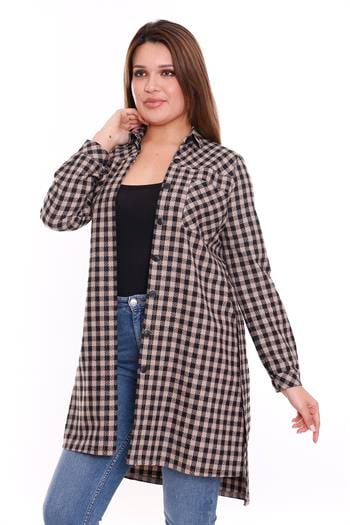 Kareli Göğüsten Cepli Asimetrik Kesim Detaylı Kuşaklı Uzun Dokuma Vizon Tunik Gömlek