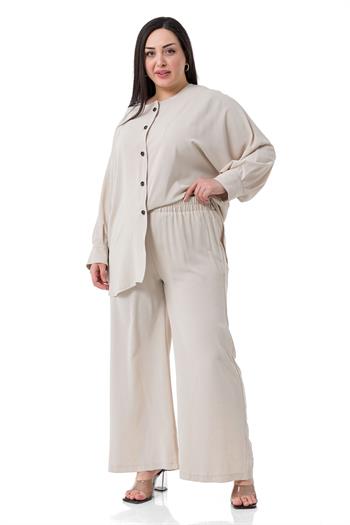 Büyük Beden Gömlek Pantolon Bej İkili Takım