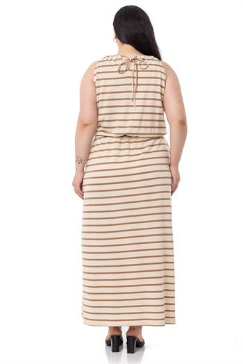 Büyük Beden Bağlama Detaylı Askılı Beli Lastikli Vizon Çizgili Uzun Elbise