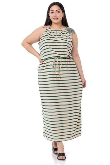 Büyük Beden Bağlama Detaylı Askılı Beli Lastikli Zümrüt Çizgili Uzun Elbise