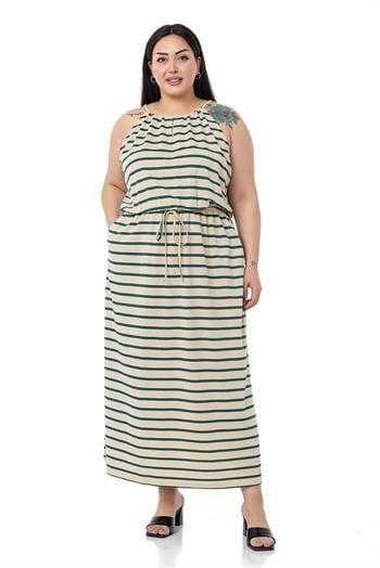 Büyük Beden Bağlama Detaylı Askılı Beli Lastikli Zümrüt Çizgili Uzun Elbise