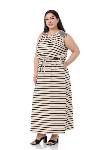 Büyük Beden Bağlama Detaylı Askılı Beli Lastikli Siyah Çizgili Uzun Elbise