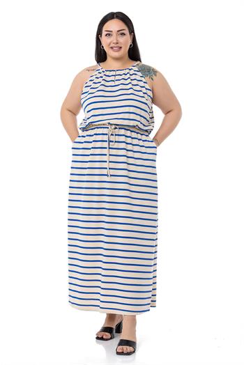 Büyük Beden Bağlama Detaylı Askılı Beli Lastikli Saks Çizgili Uzun Elbise