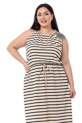 Büyük Beden Bağlama Detaylı Askılı Beli Lastikli Siyah Çizgili Uzun Elbise
