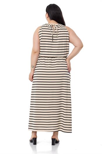 Büyük Beden Bağlama Detaylı Askılı Beli Lastikli Siyah Çizgili Uzun Elbise