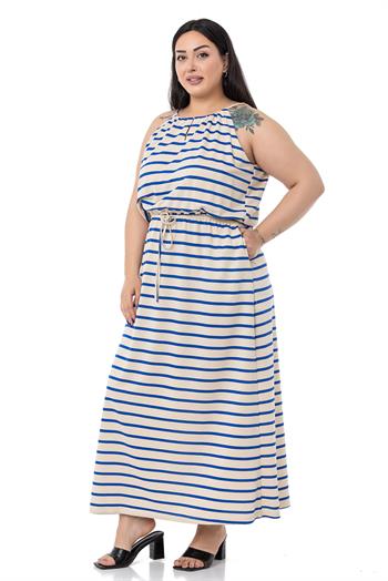 Büyük Beden Bağlama Detaylı Askılı Beli Lastikli Saks Çizgili Uzun Elbise