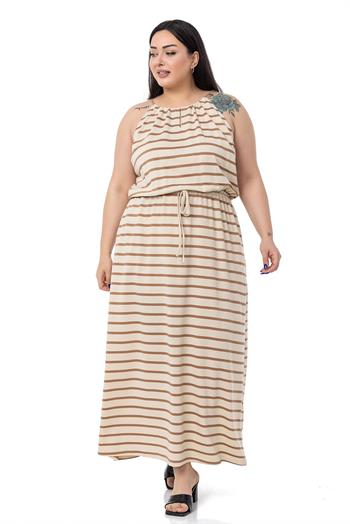 Büyük Beden Bağlama Detaylı Askılı Beli Lastikli Vizon Çizgili Uzun Elbise