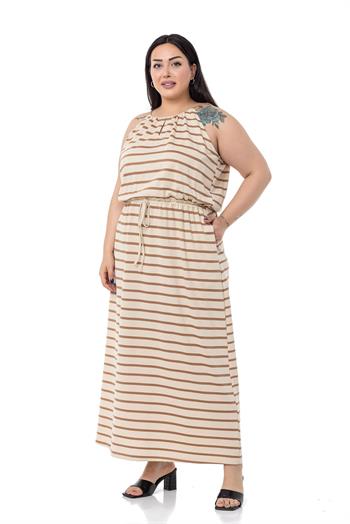 Büyük Beden Bağlama Detaylı Askılı Beli Lastikli Vizon Çizgili Uzun Elbise