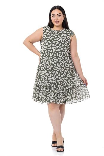 Büyük Beden Bağlama Detaylı Şifon Astarlı Mini Haki Elbise 