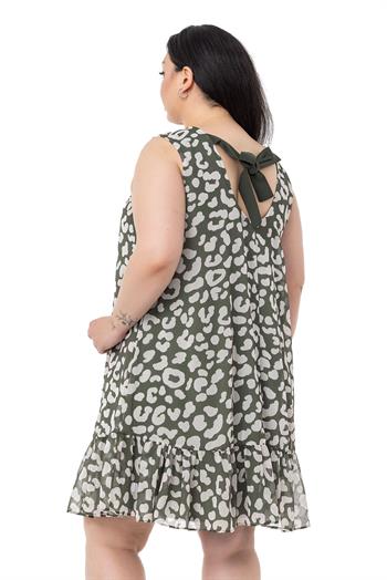 Büyük Beden Bağlama Detaylı Şifon Astarlı Mini Haki Elbise 