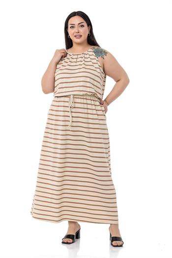Büyük Beden Bağlama Detaylı Askılı Beli Lastikli Vizon Çizgili Uzun Elbise