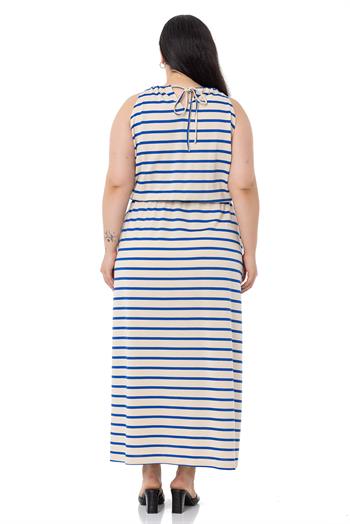 Büyük Beden Bağlama Detaylı Askılı Beli Lastikli Saks Çizgili Uzun Elbise