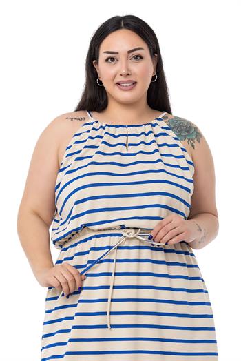 Büyük Beden Bağlama Detaylı Askılı Beli Lastikli Saks Çizgili Uzun Elbise