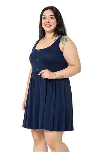 Büyük Beden Süs Düğme Detaylı Viskon Kısa Lacivert Elbise