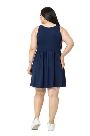 Büyük Beden Süs Düğme Detaylı Viskon Kısa Lacivert Elbise