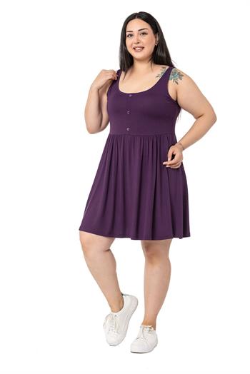 Büyük Beden Süs Düğme Detaylı Viskon Kısa Mürdüm Elbise