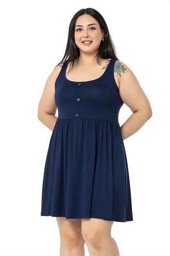 Büyük Beden Süs Düğme Detaylı Viskon Kısa Lacivert Elbise