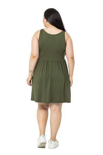 Büyük Beden Süs Düğme Detaylı Viskon Kısa Haki Elbise