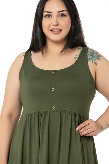 Büyük Beden Süs Düğme Detaylı Viskon Kısa Haki Elbise