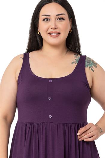 Büyük Beden Süs Düğme Detaylı Viskon Kısa Mürdüm Elbise