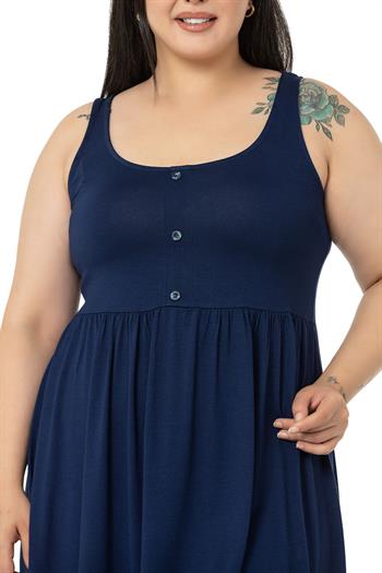 Büyük Beden Süs Düğme Detaylı Viskon Kısa Lacivert Elbise
