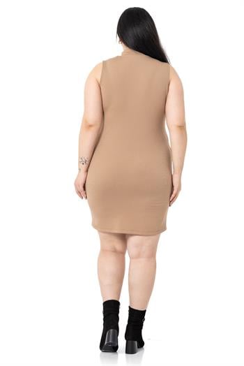Büyük Beden Yarım Balıkçı Kaşkorse İçi Şardonlu Kolsuz Streç Kısa Bej Elbise