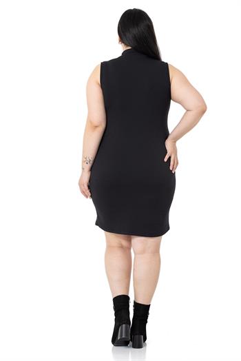 Büyük Beden Yarım Balıkçı Kaşkorse İçi Şardonlu Kolsuz Streç Kısa Siyah Elbise