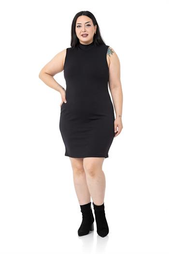 Büyük Beden Yarım Balıkçı Kaşkorse İçi Şardonlu Kolsuz Streç Kısa Siyah Elbise