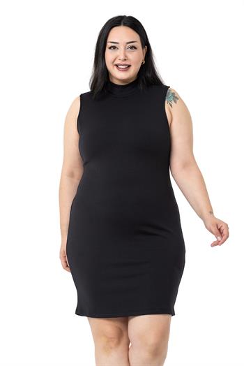 Büyük Beden Yarım Balıkçı Kaşkorse İçi Şardonlu Kolsuz Streç Kısa Siyah Elbise