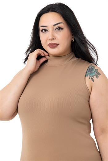 Büyük Beden Yarım Balıkçı Kaşkorse İçi Şardonlu Kolsuz Streç Kısa Bej Elbise