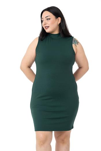Büyük Beden Yarım Balıkçı Kaşkorse İçi Şardonlu Kolsuz Streç Kısa Zümrüt Elbise