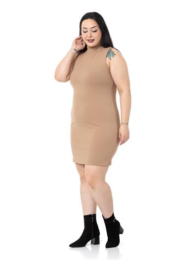 Büyük Beden Yarım Balıkçı Kaşkorse İçi Şardonlu Kolsuz Streç Kısa Bej Elbise