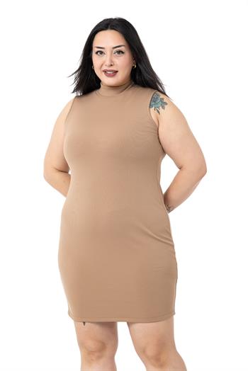 Büyük Beden Yarım Balıkçı Kaşkorse İçi Şardonlu Kolsuz Streç Kısa Bej Elbise