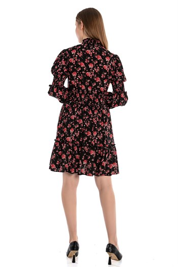 Black Mini Dress with Magnificent Collar Lace Detail Floral Pattern at Waist and Sleeves