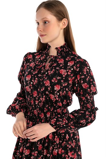 Black Mini Dress with Magnificent Collar Lace Detail Floral Pattern at Waist and Sleeves