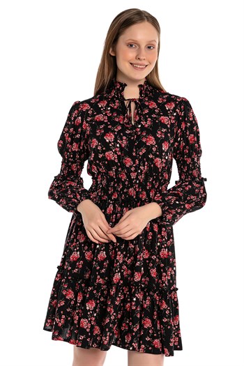 Black Mini Dress with Magnificent Collar Lace Detail Floral Pattern at Waist and Sleeves