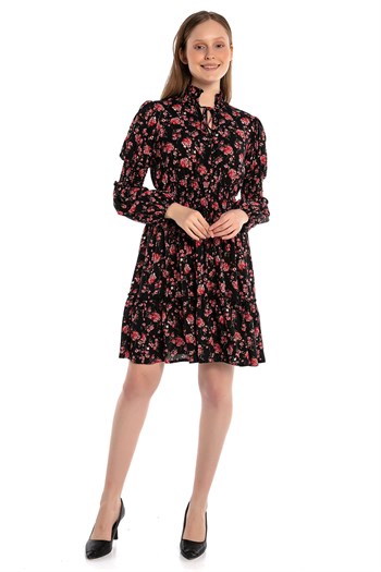 Black Mini Dress with Magnificent Collar Lace Detail Floral Pattern at Waist and Sleeves