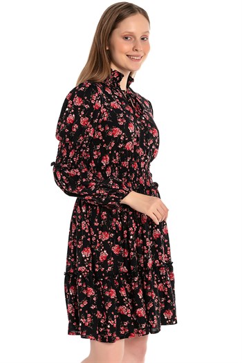 Black Mini Dress with Magnificent Collar Lace Detail Floral Pattern at Waist and Sleeves