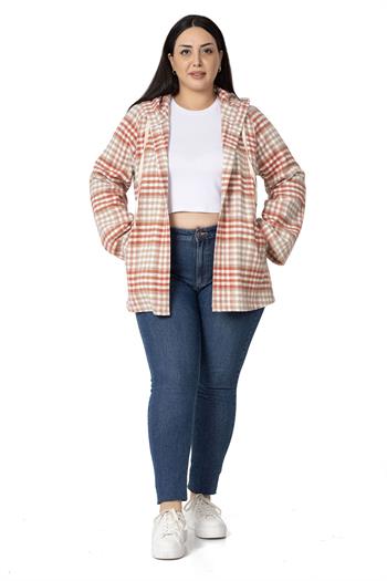 Büyük Beden Geniş Kollu Kapüşonlu Cepli Kiremit Çizgili Hırka