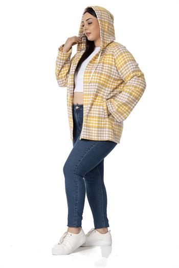 Büyük Beden Geniş Kollu Kapüşonlu Cepli Hardal Çizgili Hırka