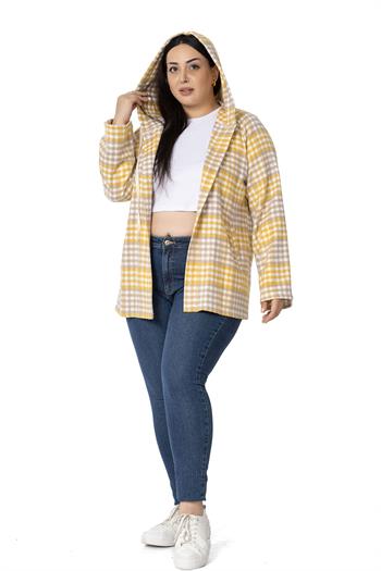 Büyük Beden Geniş Kollu Kapüşonlu Cepli Hardal Çizgili Hırka