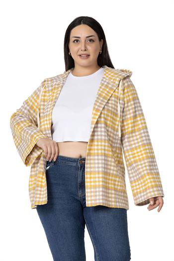 Büyük Beden Geniş Kollu Kapüşonlu Cepli Hardal Çizgili Hırka