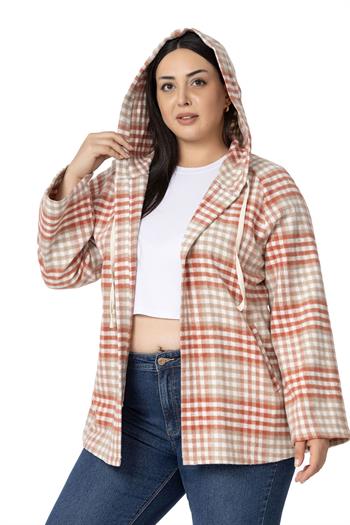 Büyük Beden Geniş Kollu Kapüşonlu Cepli Kiremit Çizgili Hırka