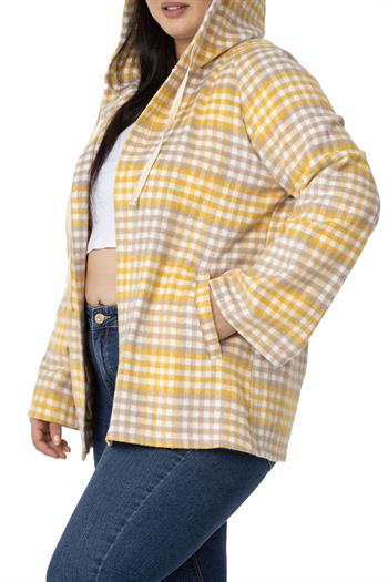 Büyük Beden Geniş Kollu Kapüşonlu Cepli Hardal Çizgili Hırka