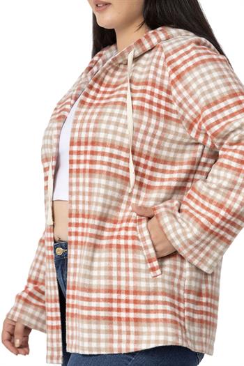 Büyük Beden Geniş Kollu Kapüşonlu Cepli Kiremit Çizgili Hırka