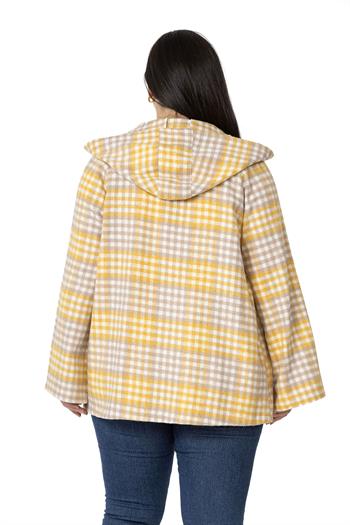 Büyük Beden Geniş Kollu Kapüşonlu Cepli Hardal Çizgili Hırka