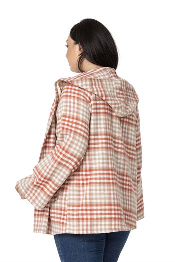 Büyük Beden Geniş Kollu Kapüşonlu Cepli Kiremit Çizgili Hırka