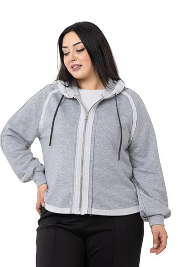 Büyük Beden Kapüşonlu Fermuarlı Üç İplik Gri Melanj Sweatshirt