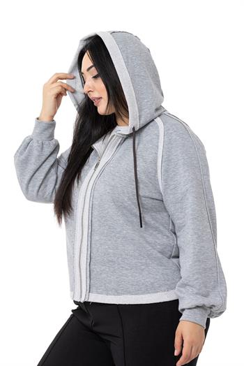 Büyük Beden Kapüşonlu Fermuarlı Üç İplik Gri Melanj Sweatshirt