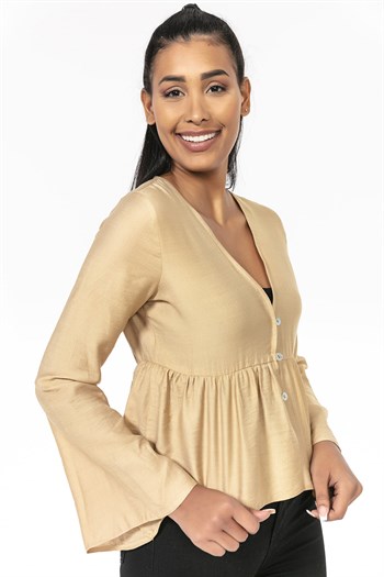 İspanyol Kol Önden Düğmeli Bej Rengi Kısa Bolero